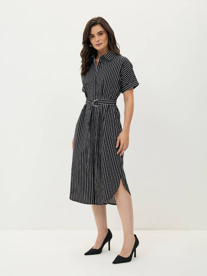 Avelin Belted Shirt Dress-Black