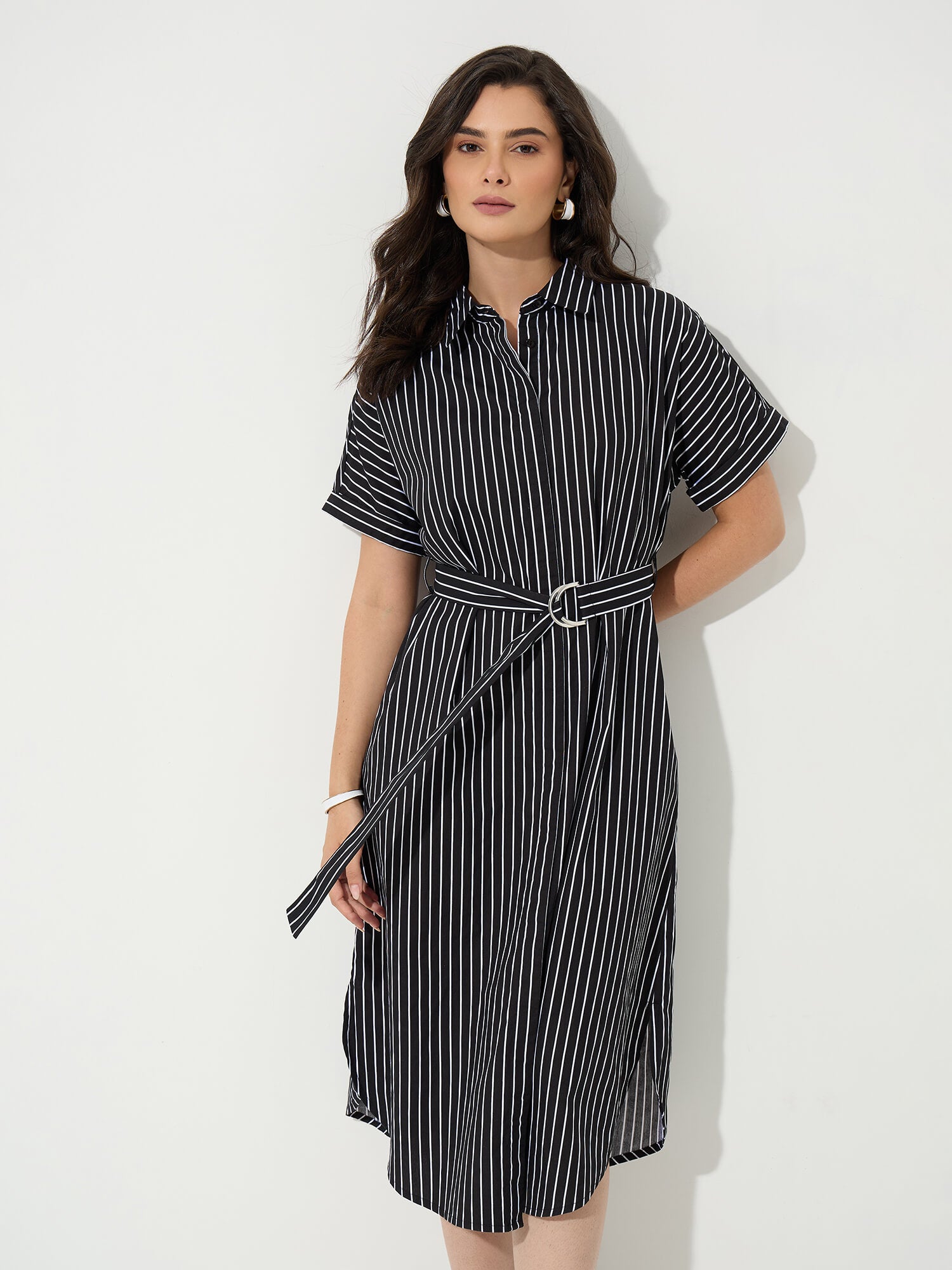 Avelin Belted Shirt Dress-Black
