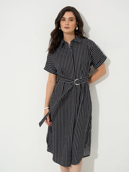 Avelin Belted Shirt Dress-Black