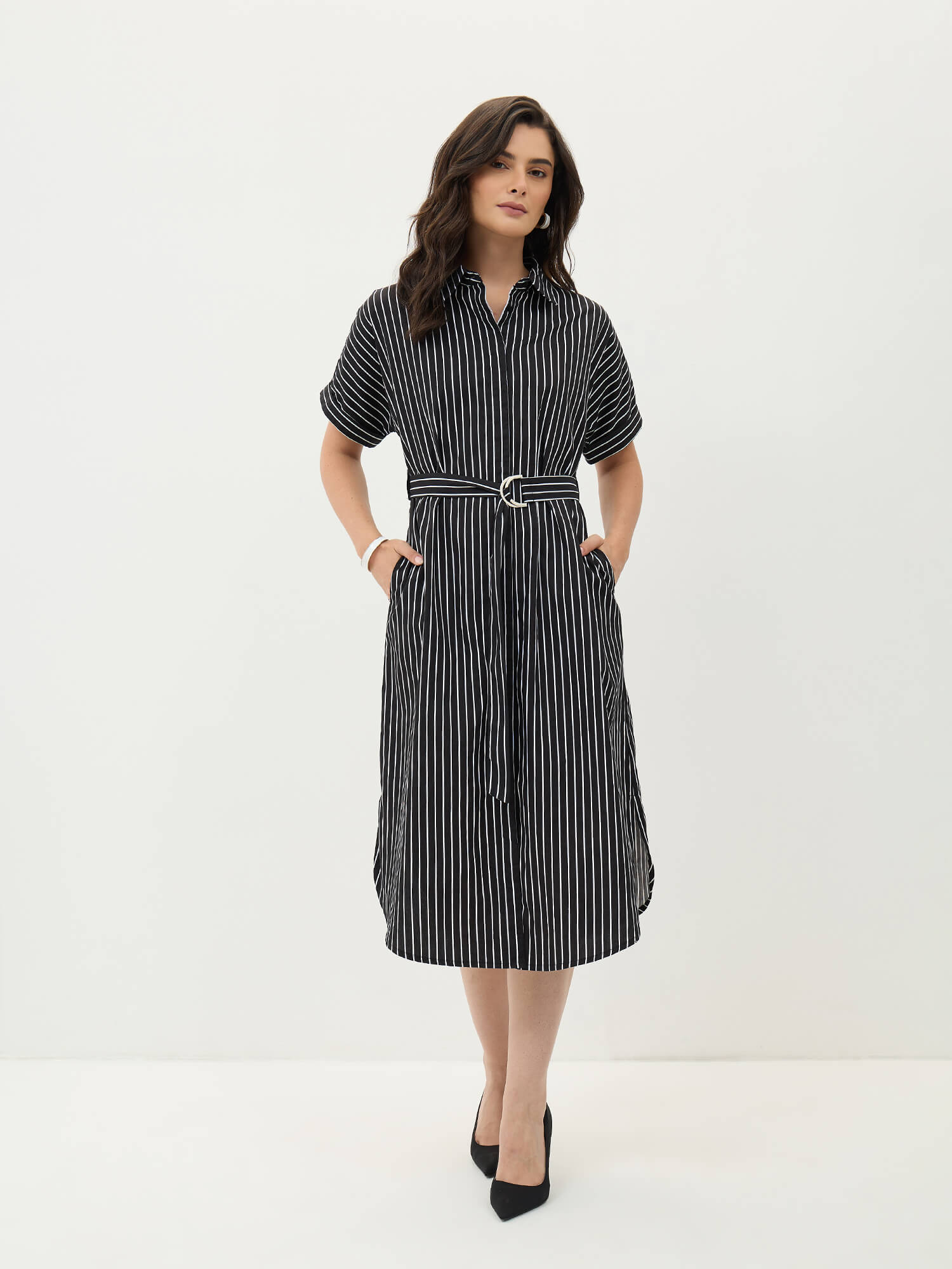 Avelin Belted Shirt Dress-Black