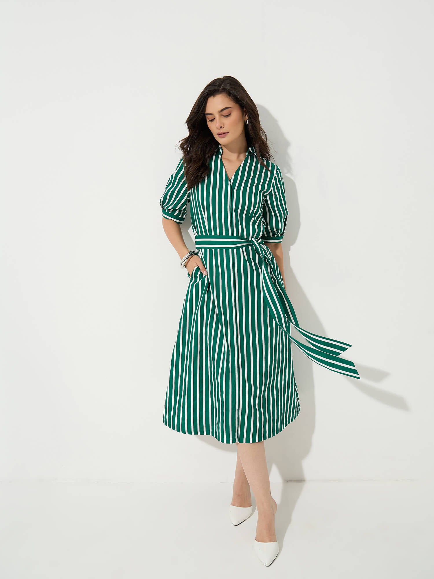 Sommer Belted Shirt Dress-Forest Green