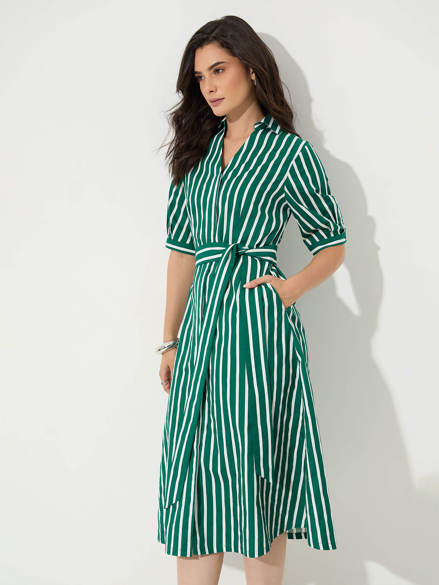Sommer Belted Shirt Dress-Forest Green