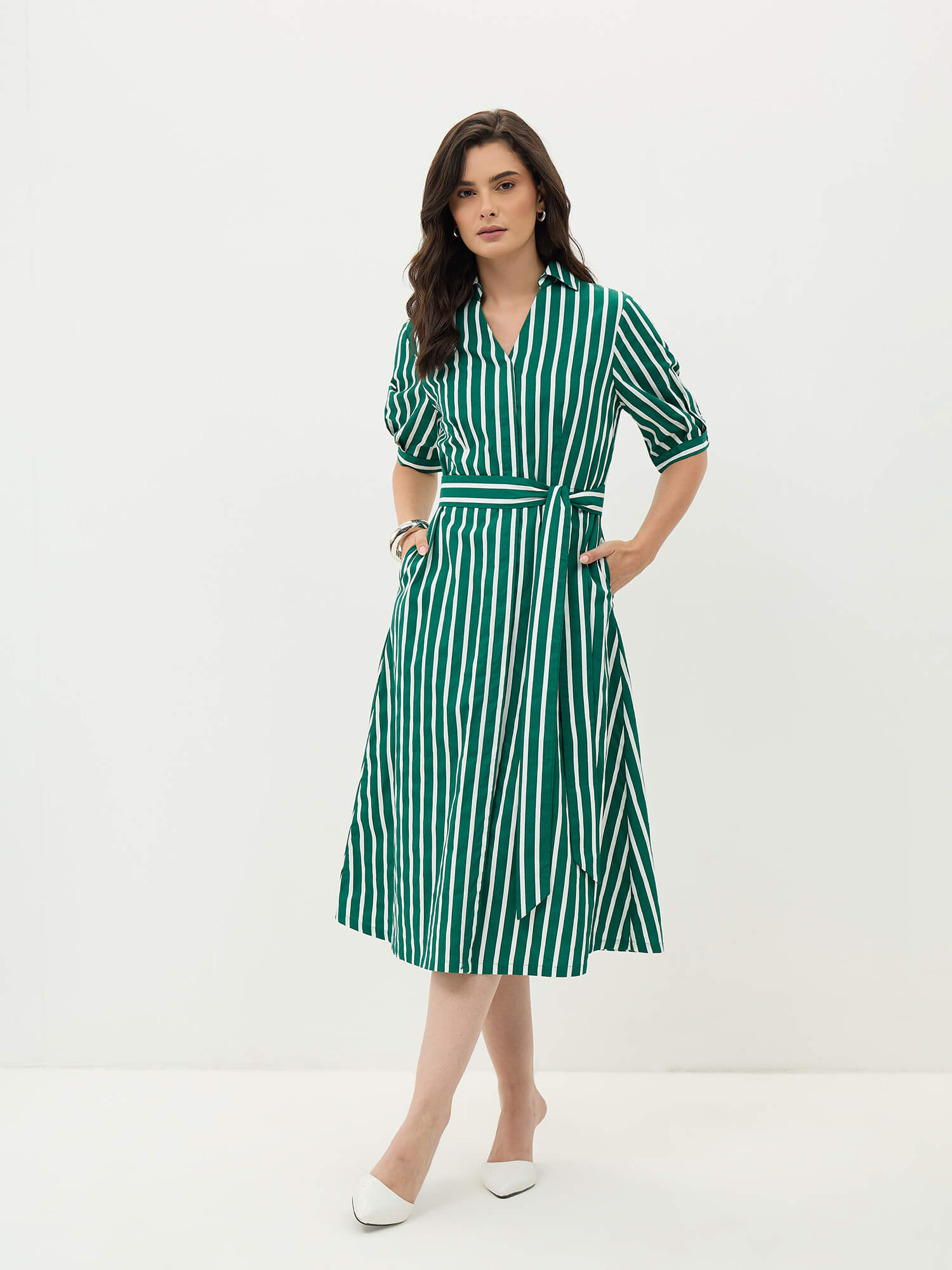 Sommer Belted Shirt Dress-Forest Green