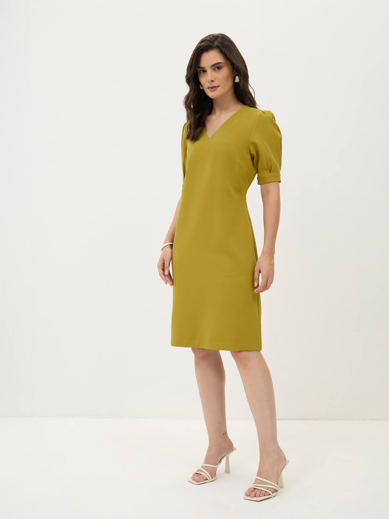 Valiant Balloon Sleeves Shift Dress-Lime