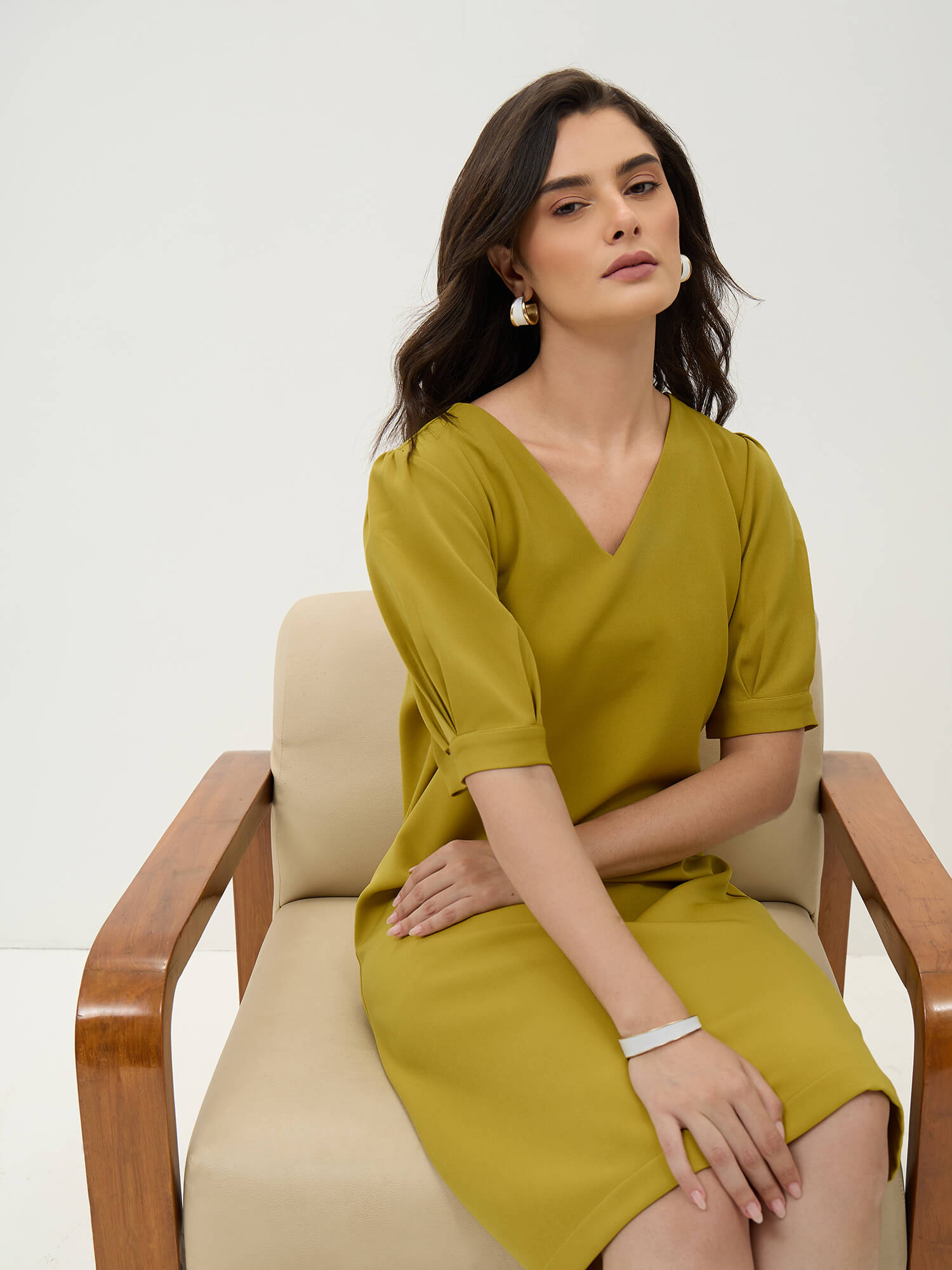 Valiant Balloon Sleeves Shift Dress-Lime