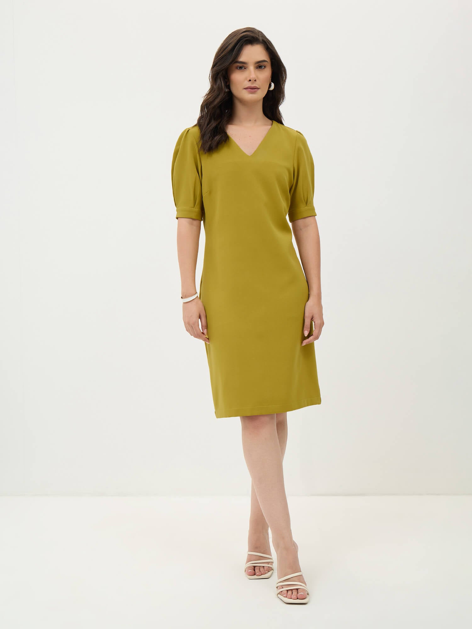 Valiant Balloon Sleeves Shift Dress-Lime