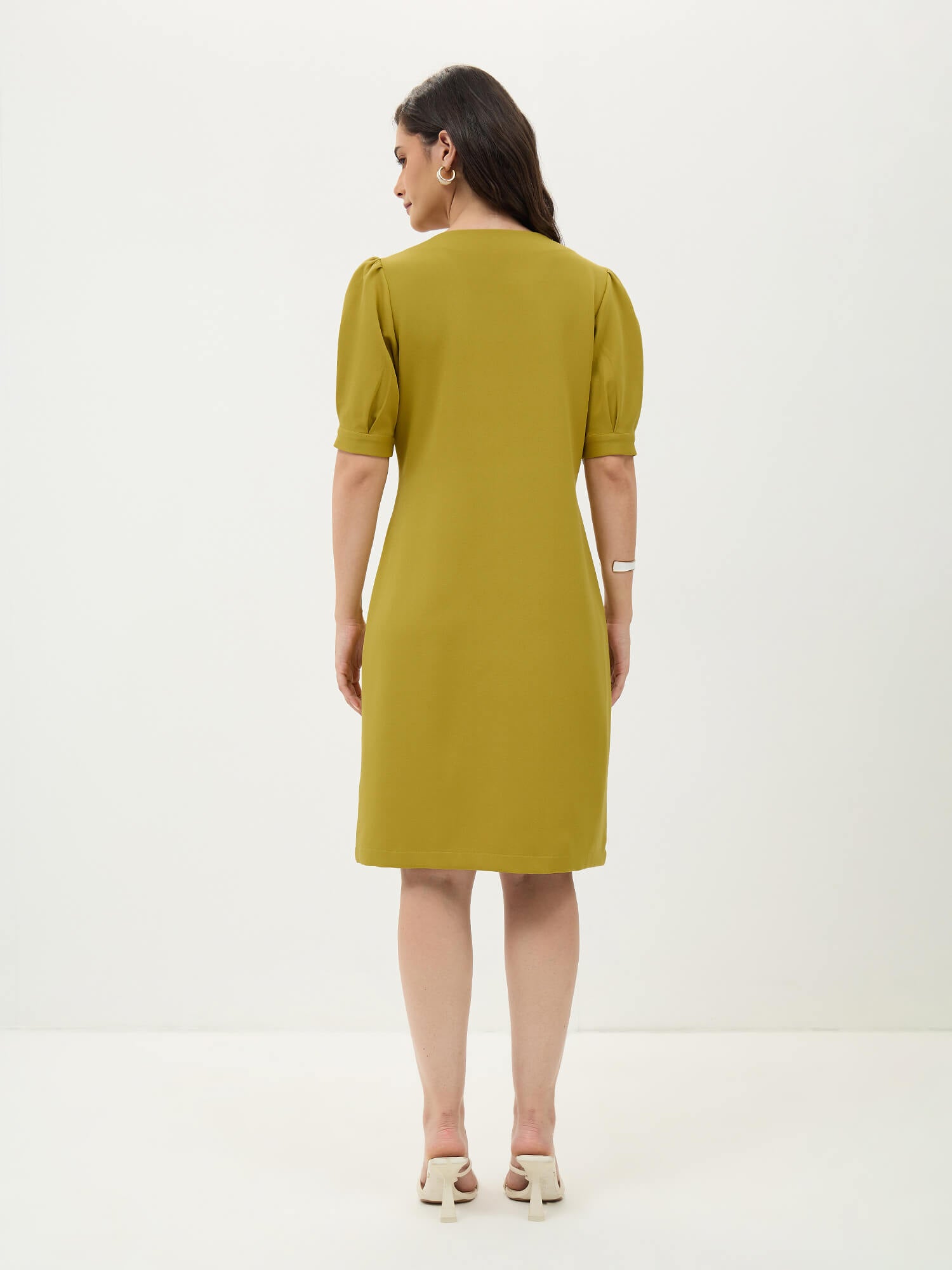 Valiant Balloon Sleeves Shift Dress-Lime