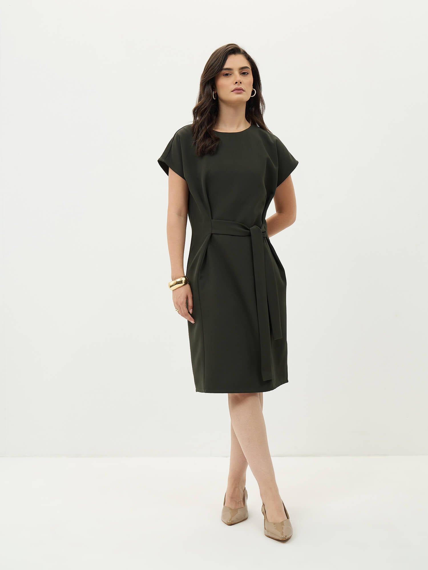 Juniper Drop Sleeve Belted Dress-Olive