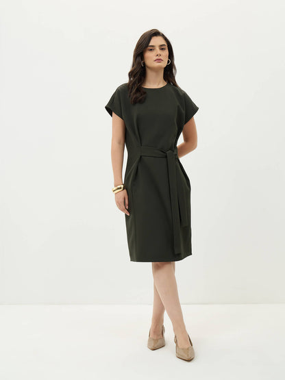 Juniper Drop Sleeve Belted Dress-Olive