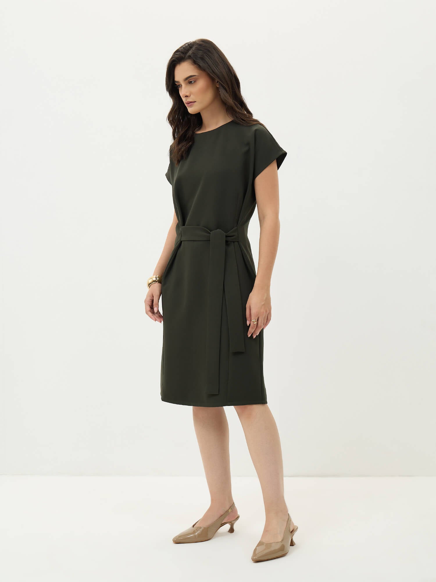 Juniper Drop Sleeve Belted Dress-Olive