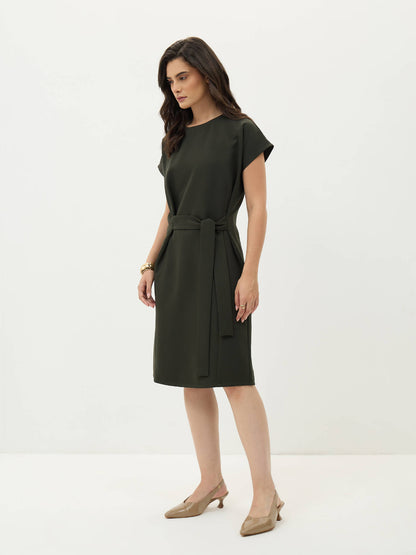 Juniper Drop Sleeve Belted Dress-Olive