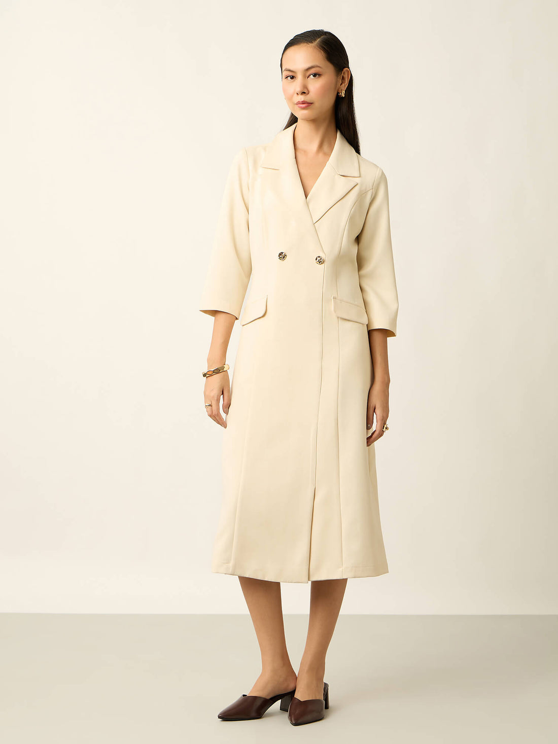 Margot Double Breasted Notch Collar Dress With Pocket-Ivory