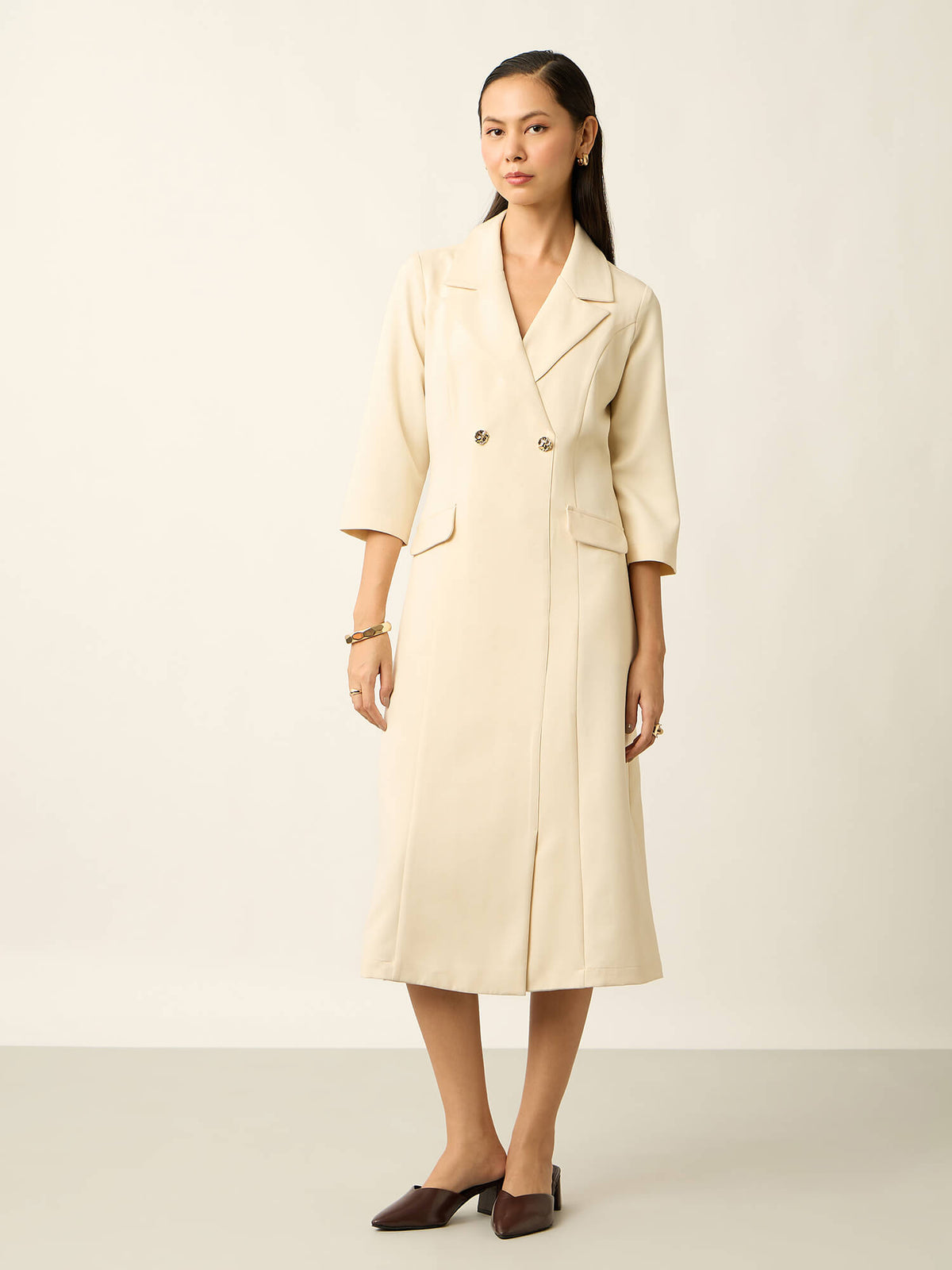 Margot Double Breasted Notch Collar Dress With Pocket-Ivory