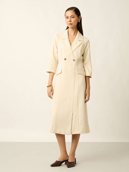 Margot Double Breasted Notch Collar Dress With Pocket-Ivory