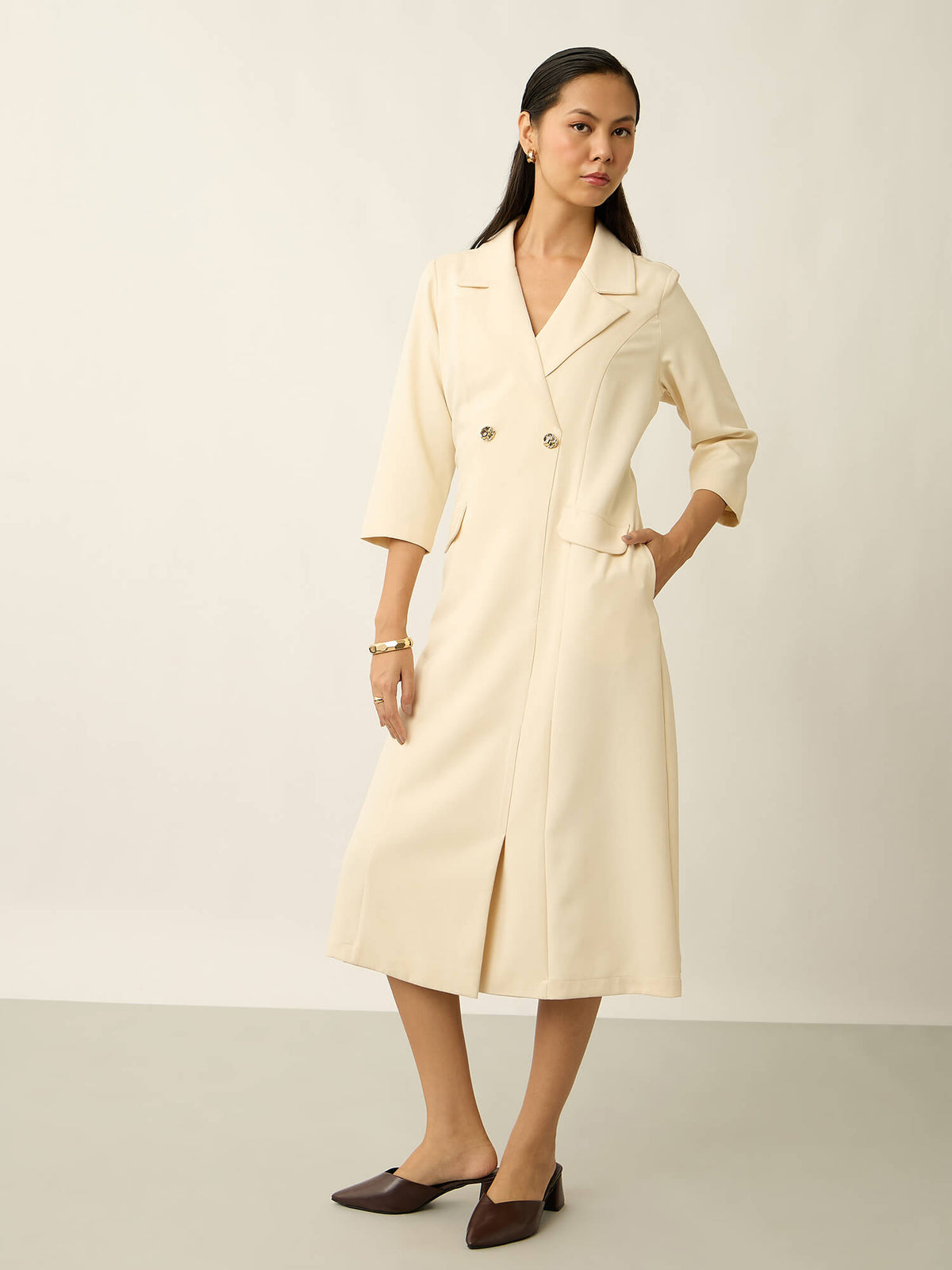 Margot Double Breasted Notch Collar Dress With Pocket-Ivory