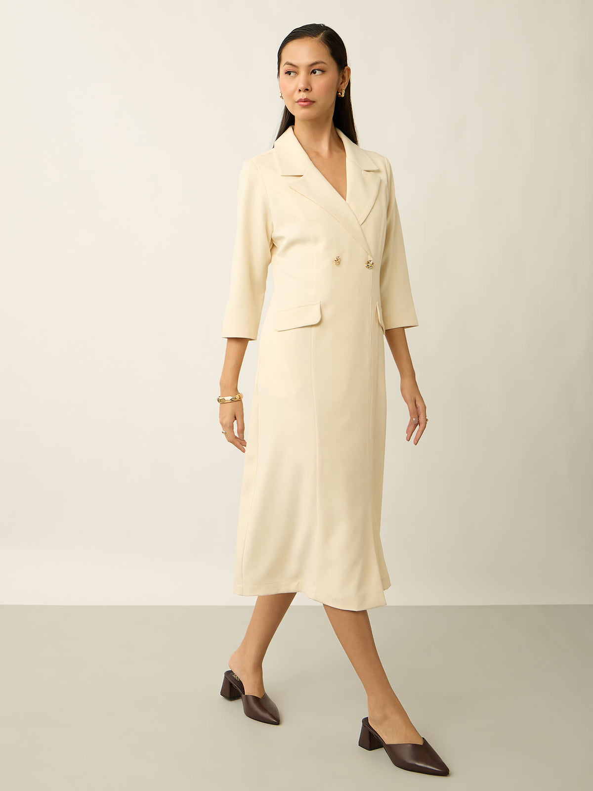 Margot Double Breasted Notch Collar Dress With Pocket-Ivory