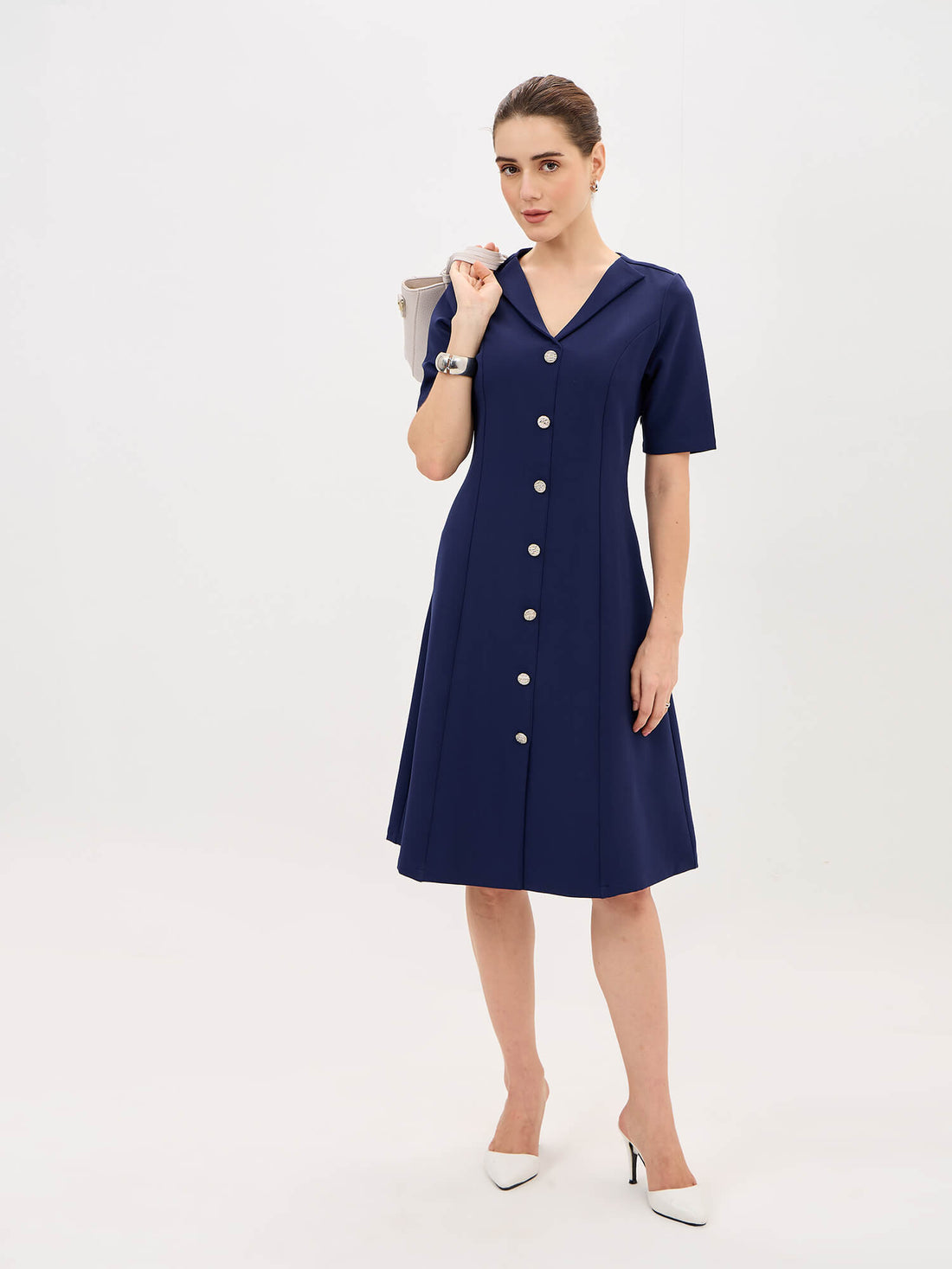 Antonia Metallic Button Down A-line Dress-Navy