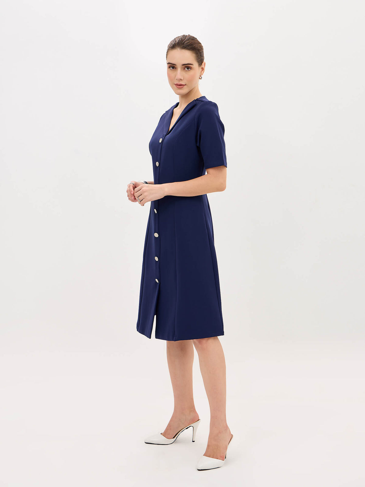 Antonia Metallic Button Down A-line Dress-Navy