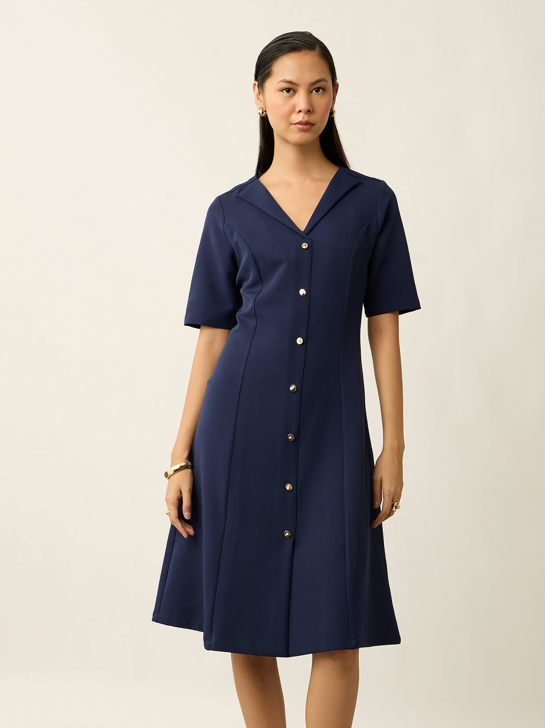 Antonia Metallic Button Down A-line Dress-Navy