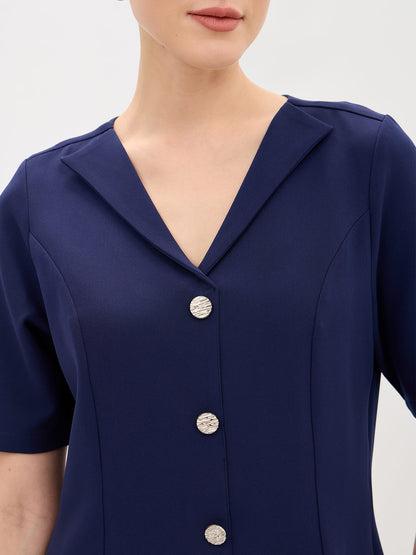 Antonia Metallic Button Down A-line Dress-Navy