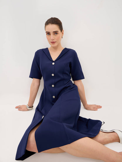 Antonia Metallic Button Down A-line Dress-Navy