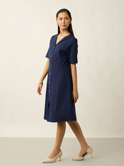 Antonia Metallic Button Down A-line Dress-Navy
