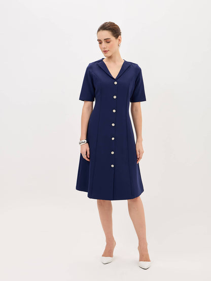 Antonia Metallic Button Down A-line Dress-Navy