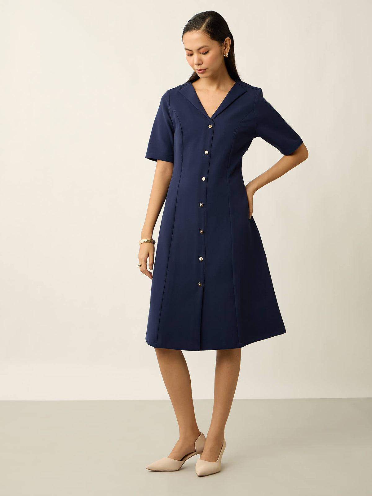 Antonia Metallic Button Down A-line Dress-Navy