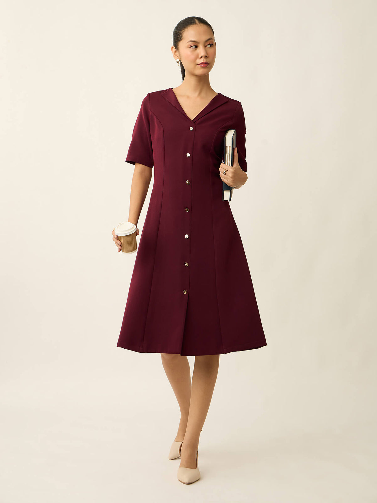Antonia Metallic Button Down A-line Dress-Wine