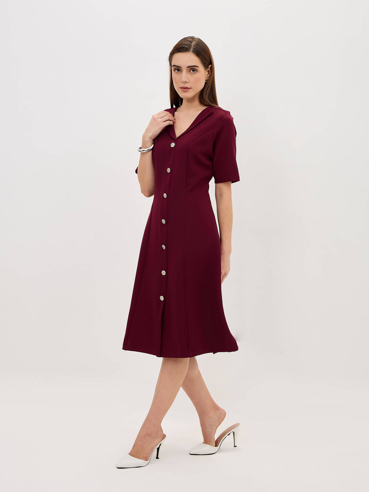 Antonia Metallic Button Down A-line Dress-Wine