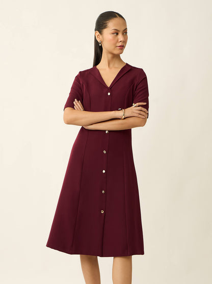 Antonia Metallic Button Down A-line Dress-Wine