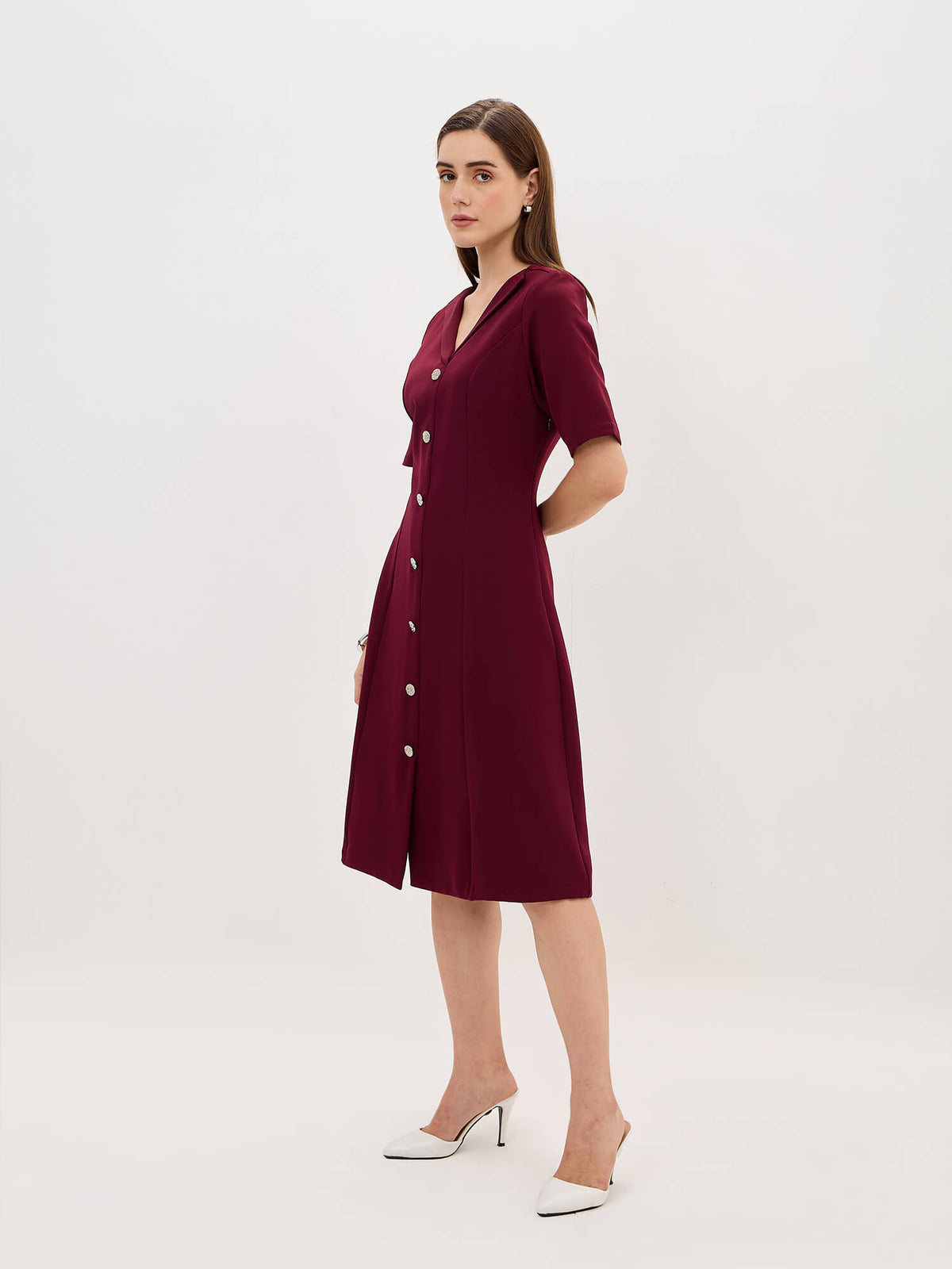 Antonia Metallic Button Down A-line Dress-Wine
