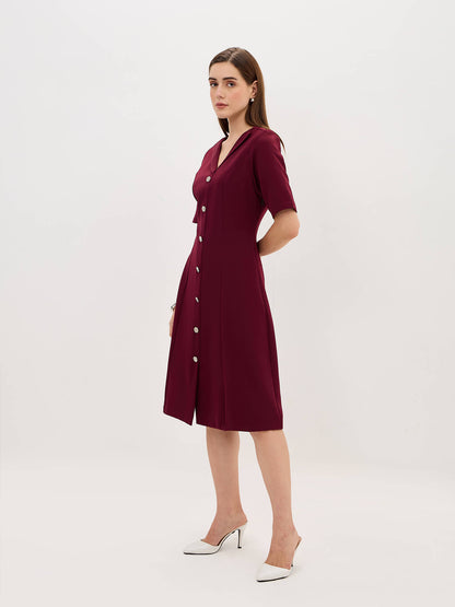 Antonia Metallic Button Down A-line Dress-Wine