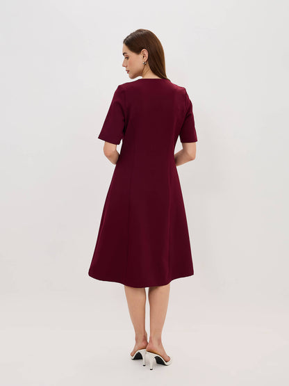 Antonia Metallic Button Down A-line Dress-Wine
