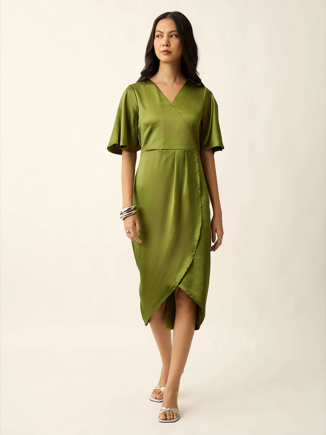 Hayati Satin Draped Dress-Chartreuse