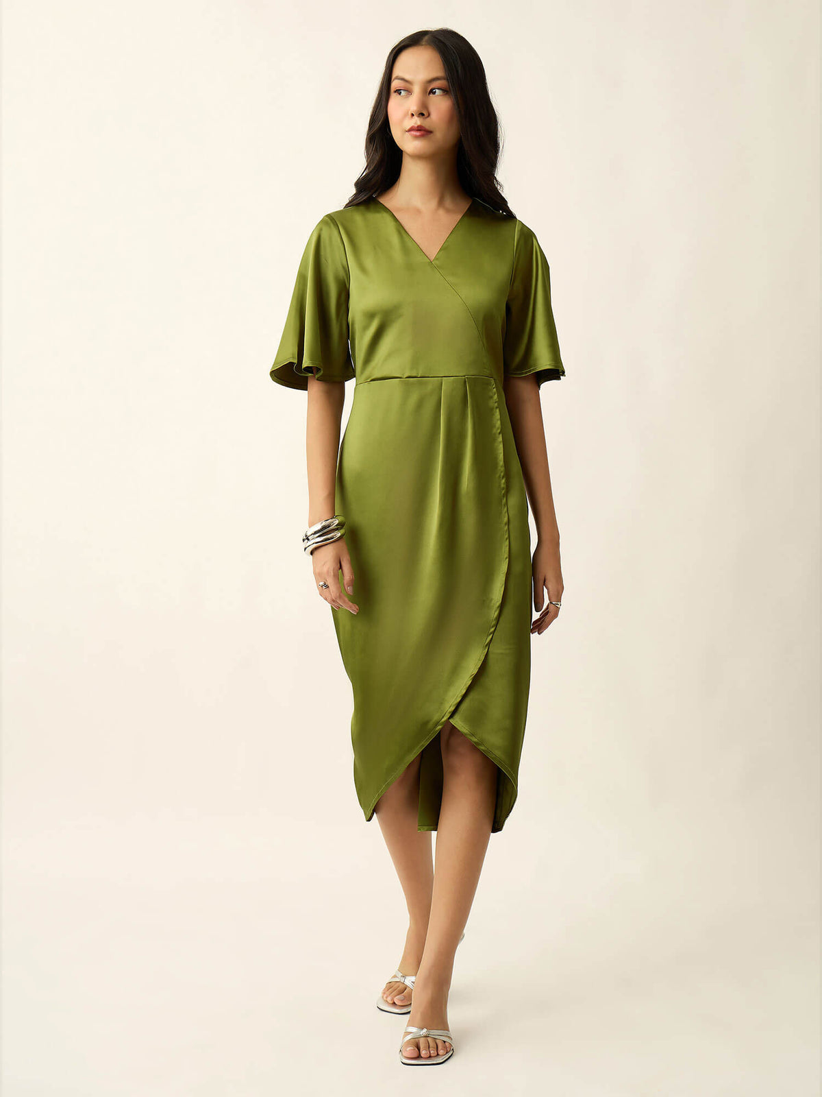 Hayati Satin Draped Dress-Chartreuse
