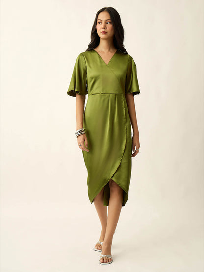 Hayati Satin Draped Dress-Chartreuse