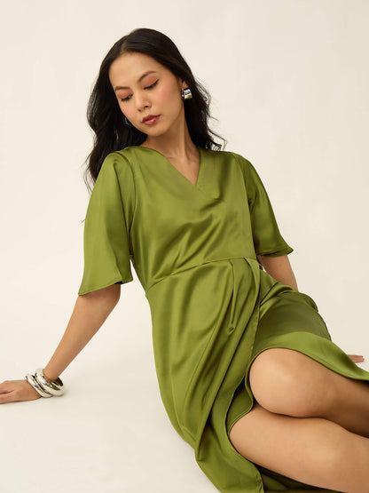 Hayati Satin Draped Dress-Chartreuse