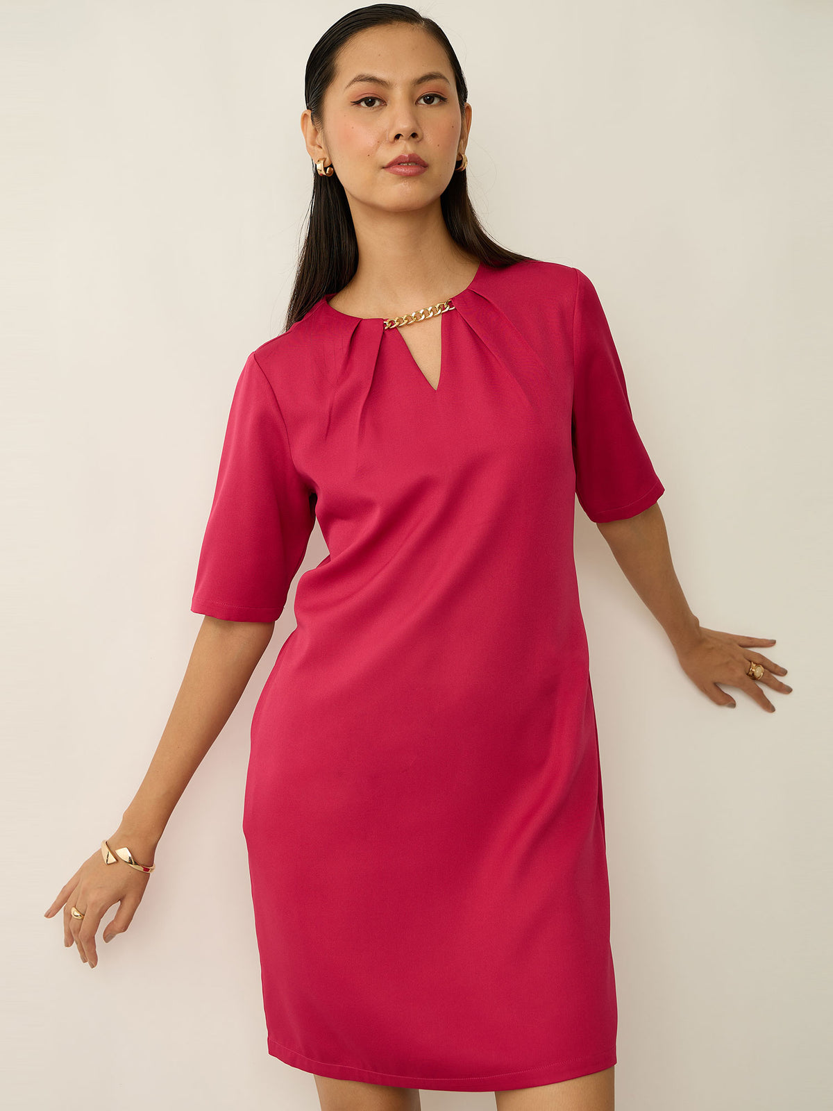 Helena Metallic Chain Shift Dress-Hot Pink