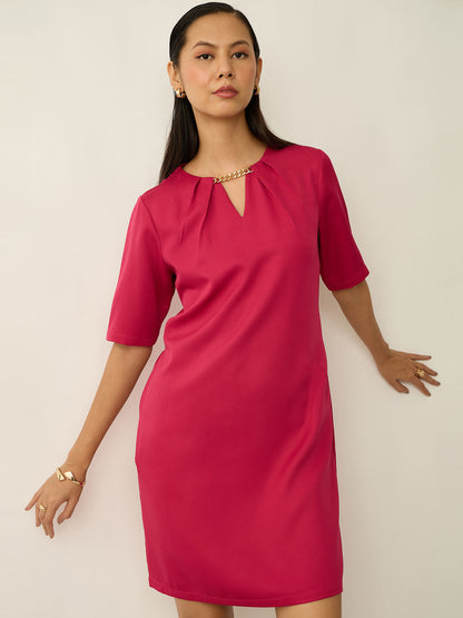 Helena Metallic Chain Shift Dress-Hot Pink