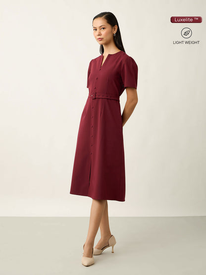 Alaris Button Detail Darted Dress-Wine