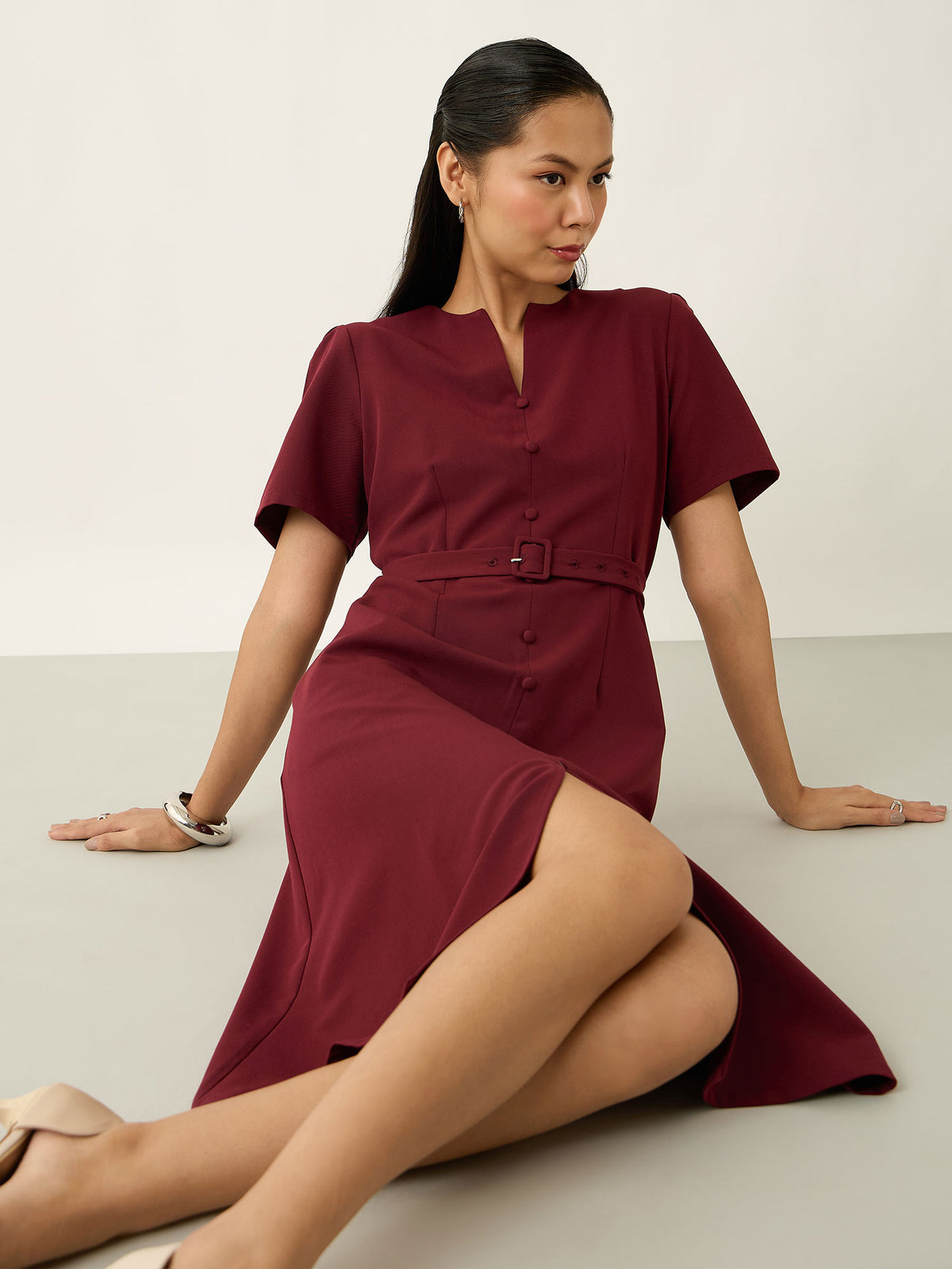Alaris Button Detail Darted Dress-Wine