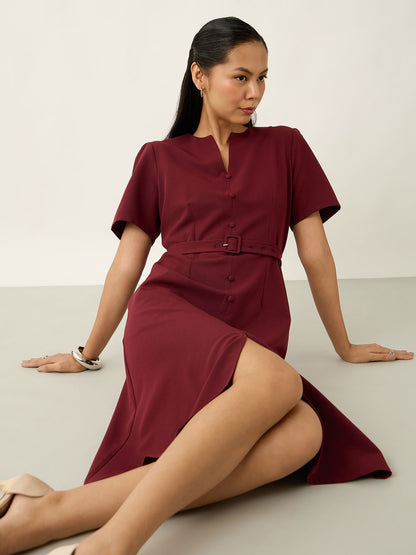 Alaris Button Detail Darted Dress-Wine