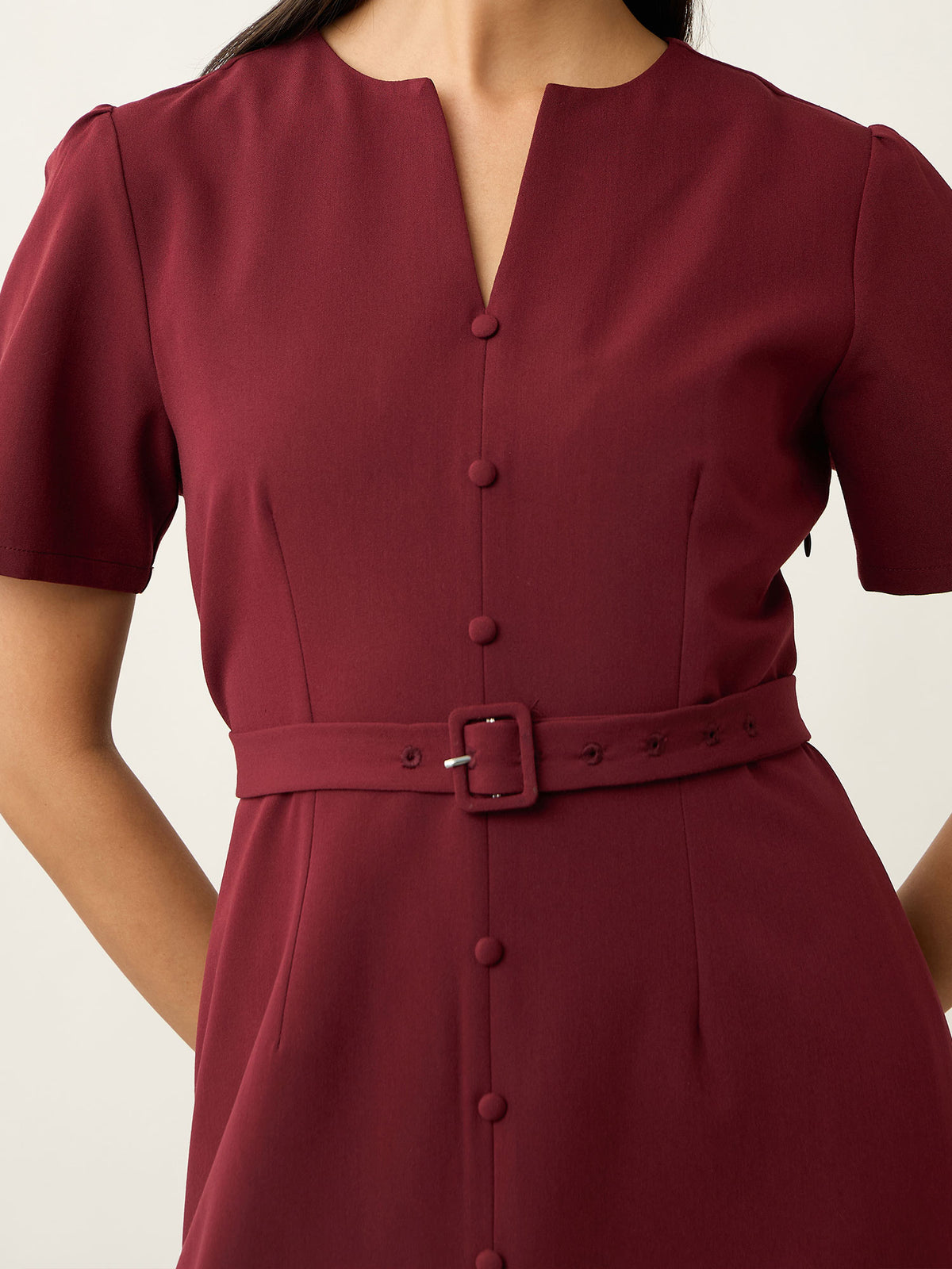Alaris Button Detail Darted Dress-Wine