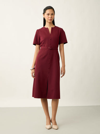 Alaris Button Detail Darted Dress-Wine