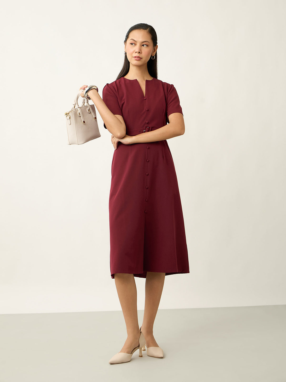 Alaris Button Detail Darted Dress-Wine