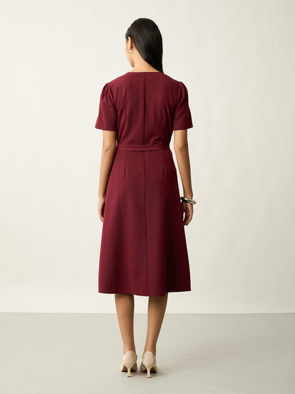 Alaris Button Detail Darted Dress-Wine