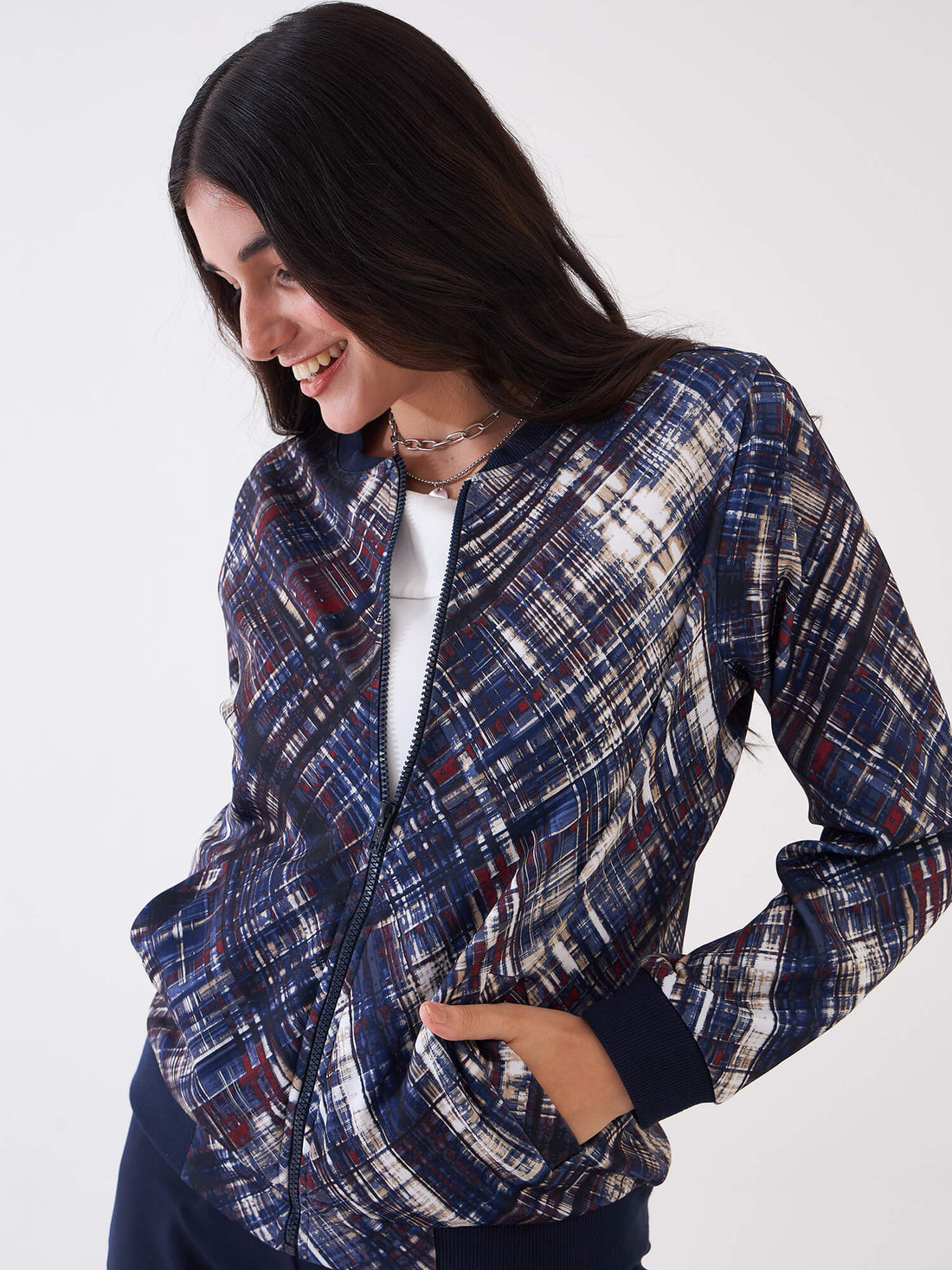 Gio-Navy Geometric Bomber Jacket - Multicolor