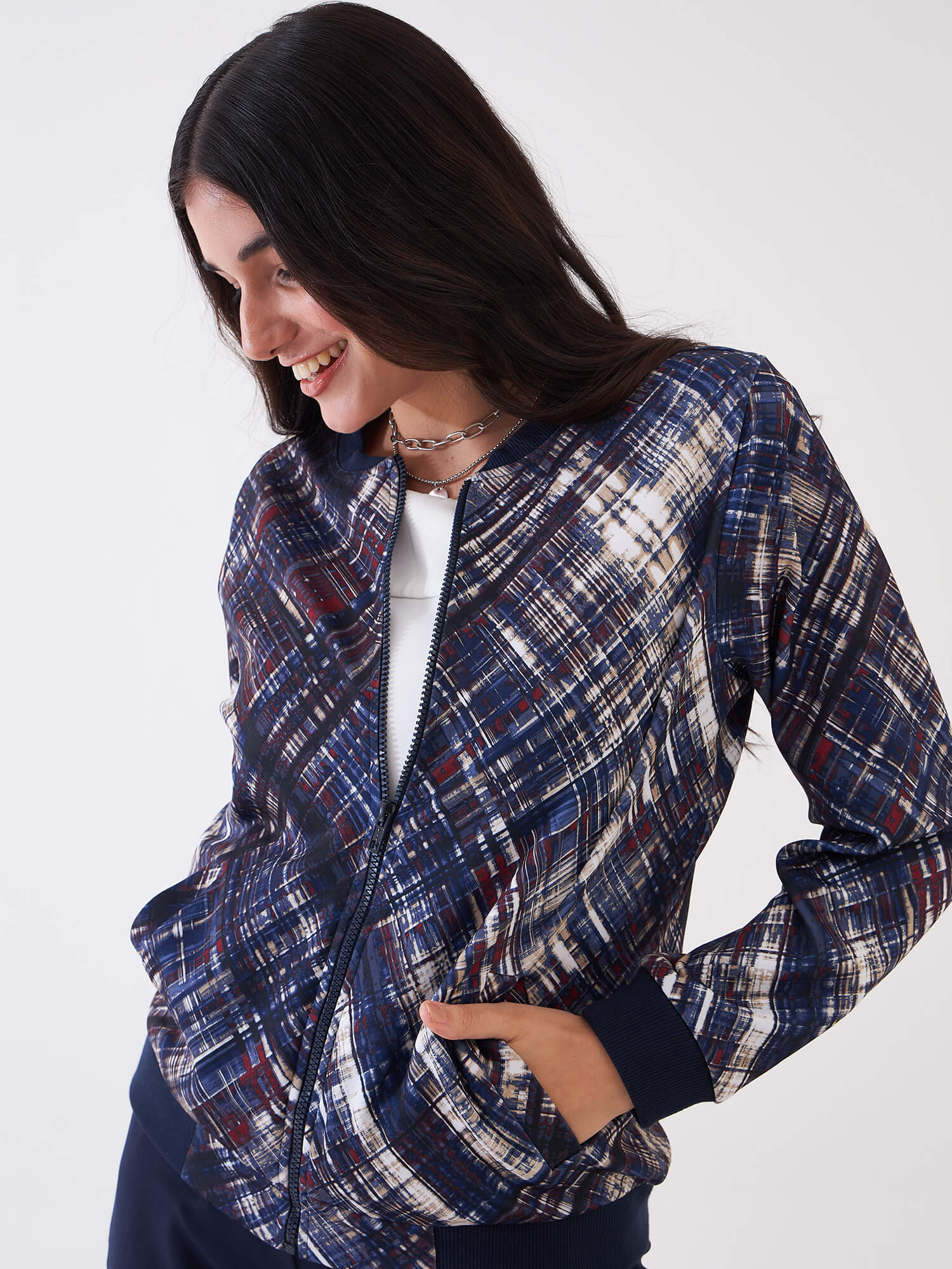 Gio-Navy Geometric Bomber Jacket - Multicolor
