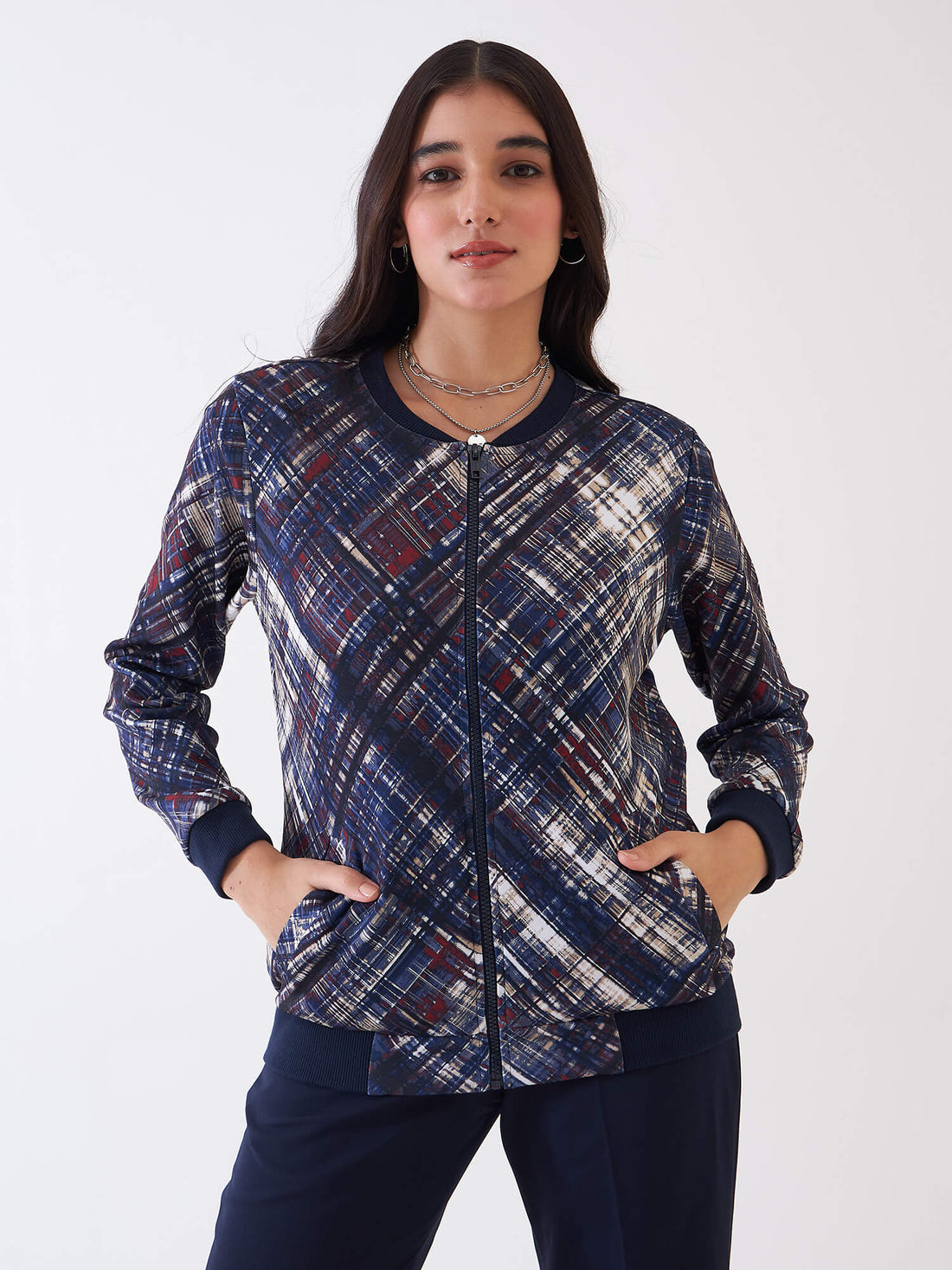 Gio-Navy Geometric Bomber Jacket - Multicolor